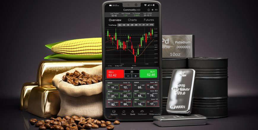 Mobile phone with commodities. Stock exchange market trading platform on the screen of smartphone .